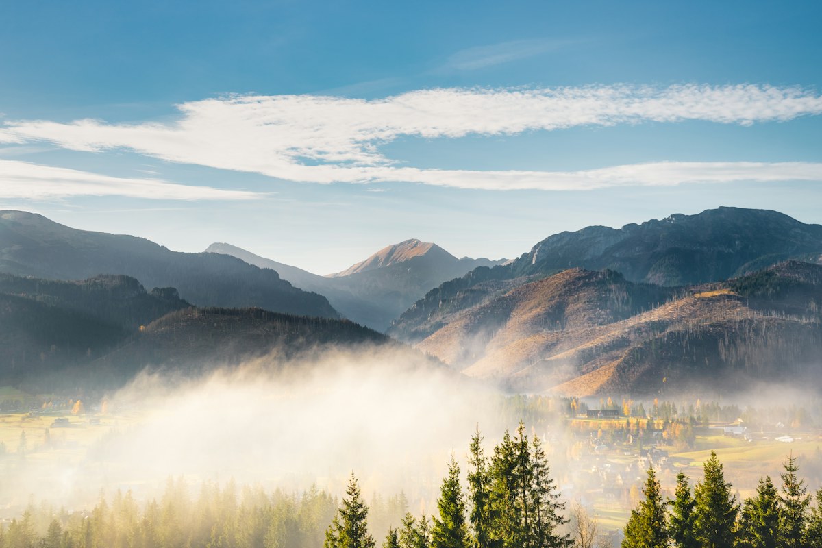 Morning mist and mountains seen from Kościelisko in Podhale